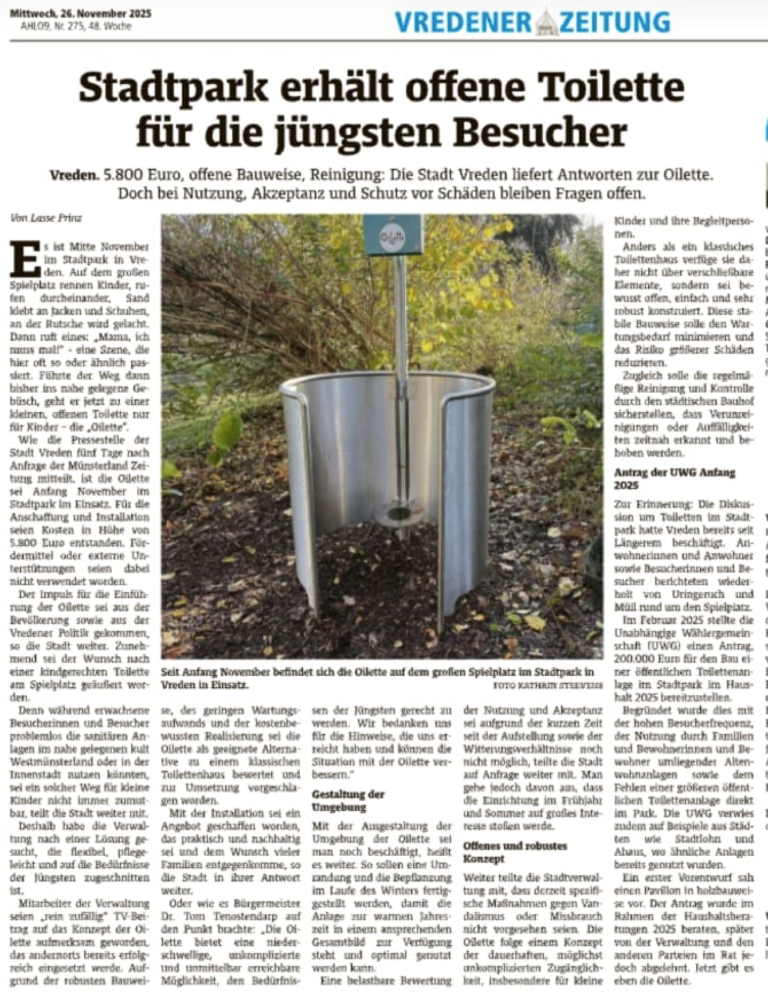 Stadtpark erhält offene Toilette